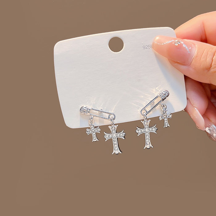 Vintage Rhinestone Cross Safety Pin Drop Stud Earrings For Women Creative Luxury Alloy Pendant Earrings