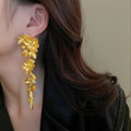 Metal Flower Leaf Tassel Drop Earrings For Women, Bold European American Statement Style view 4