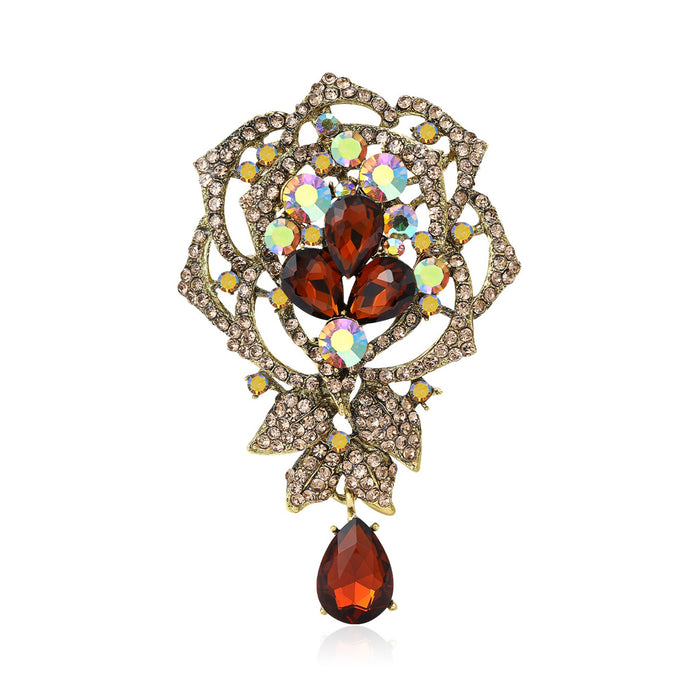 Alloy Rhinestone Rose Pendant Brooch Pin For Womens Apparel