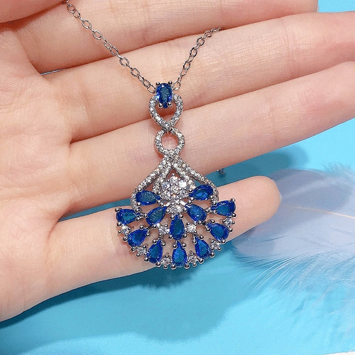 Luxury Heavy Design Full Rhinestone Simulated Sapphire Little Dress Pendant Necklace