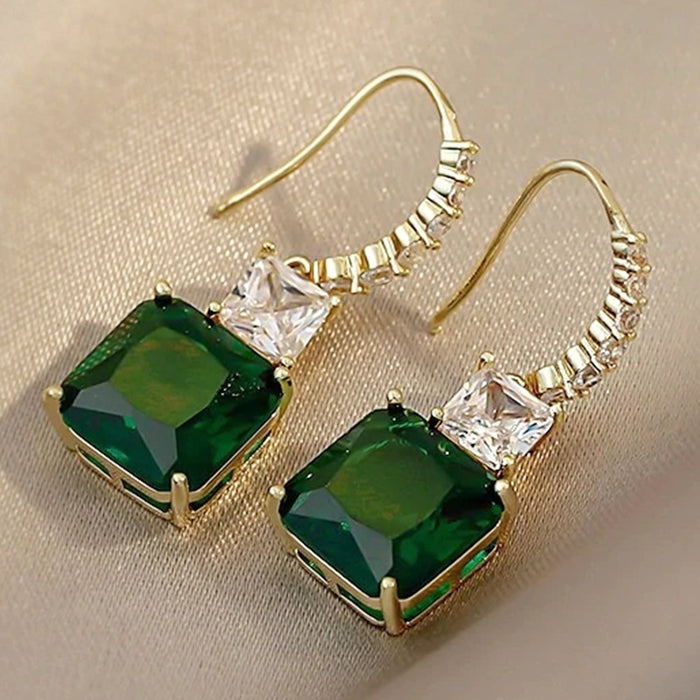 Emerald Green Geometric Square Rhinestone Drop Earrings, Elegant Fashion Jewelry For Women