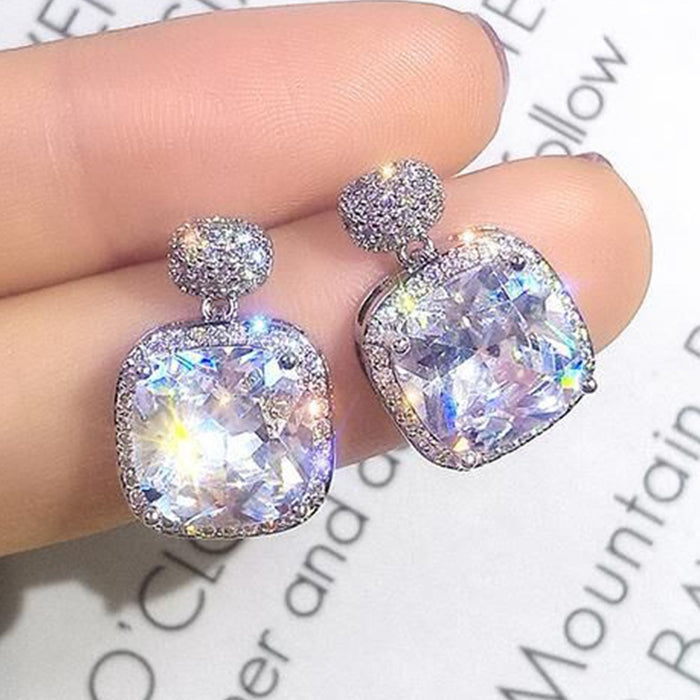 Sparkling Square Zirconia Short Drop Earrings For Women, European Vintage Luxury Ear Studs
