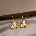 Elegant Japanese Round Hollow Gold Alloy Enamel Lucky Rabbit Cartoon Drop Hook Dangle Earrings view 3