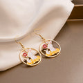 Elegant Japanese Round Hollow Gold Alloy Enamel Lucky Rabbit Cartoon Drop Hook Dangle Earrings view 4