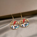Elegant Japanese Enamel Koi Fish Round Wave Cloud Gold Alloy Hook Sweet Girl Dangle Earrings view 2