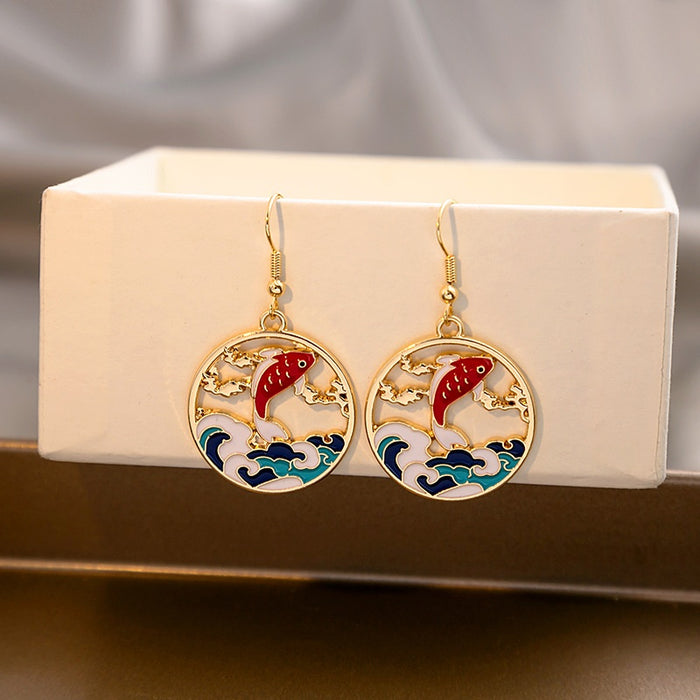 Elegant Japanese Enamel Koi Fish Round Wave Cloud Gold Alloy Hook Sweet Girl Dangle Earrings