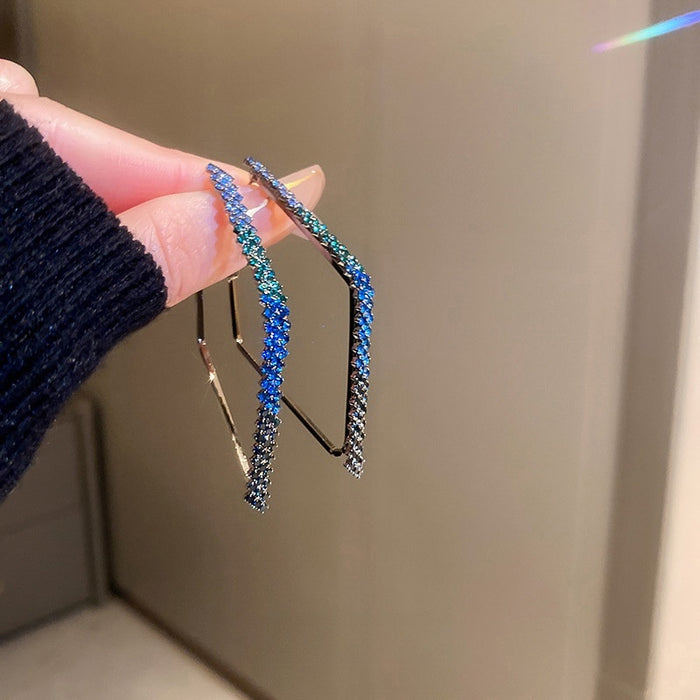 Rhinestone Geometric Rhombus Metal Hoop Earrings With Silver Needle Posts For Women