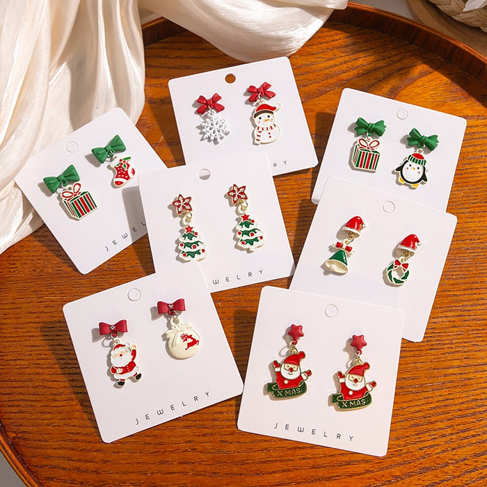 Christmas Tree Snowman Santa Gift Bow Enamel Alloy Stud Drop Holiday Jewelry For Women Earrings