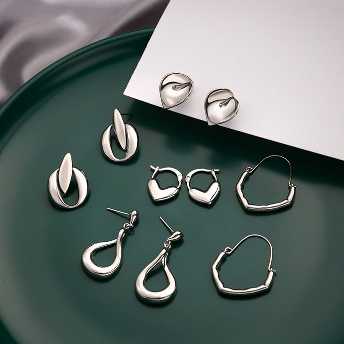 Elegant Silver Alloy Irregular Geometric Tulip Heart Hoop Drop Stud Pendant Fashion Earrings