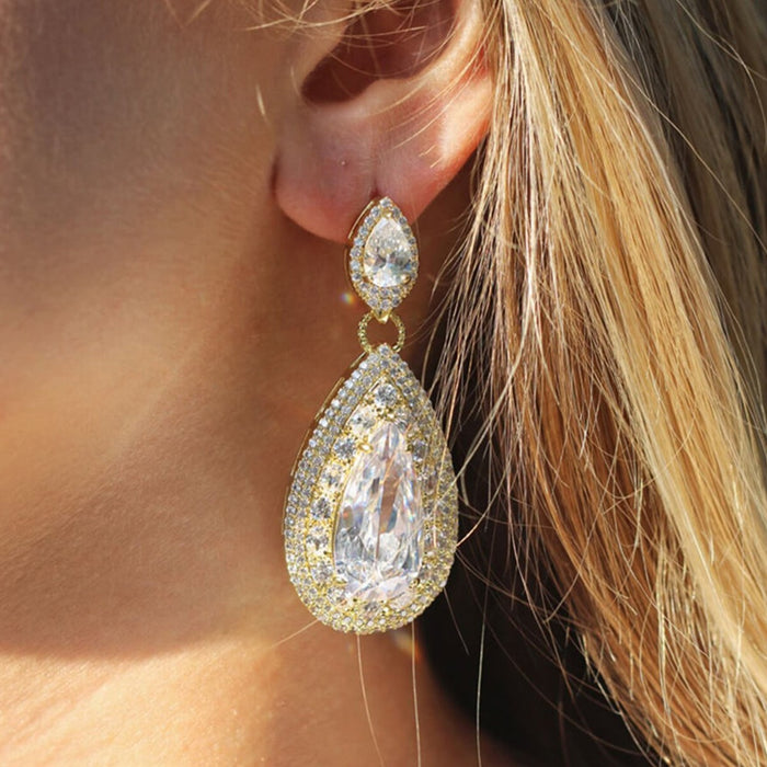 Pear Shape Large Teardrop Zircon Earrings, European Bridal Dangle Jewelry In Stock