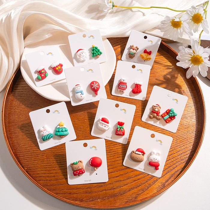 2023 Autumn Winter Silver Needle Christmas Series Enamel Cartoon Character Knot Stud Earrings