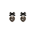 French Romantic Black Bow Heart Crystal Rhinestone Drop Studs Elegant Vintage Light Luxury Earrings view 5