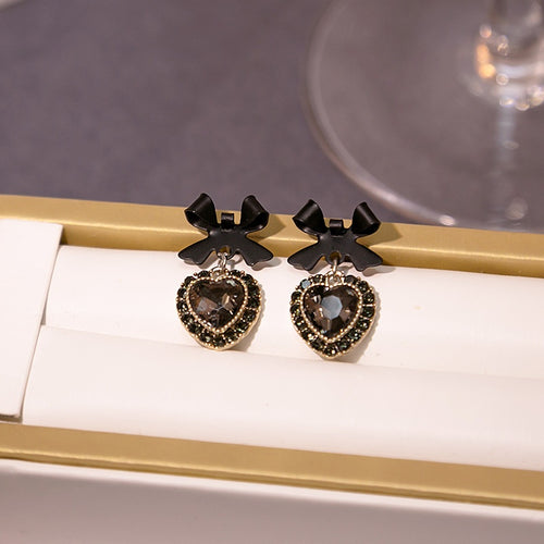 French Romantic Black Bow Heart Crystal Rhinestone Drop Studs Elegant Vintage Light Luxury Earrings