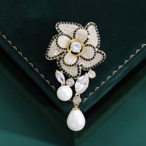 Gold Plated Alloy Zircon Camellia Brooch With Pearl Tassel