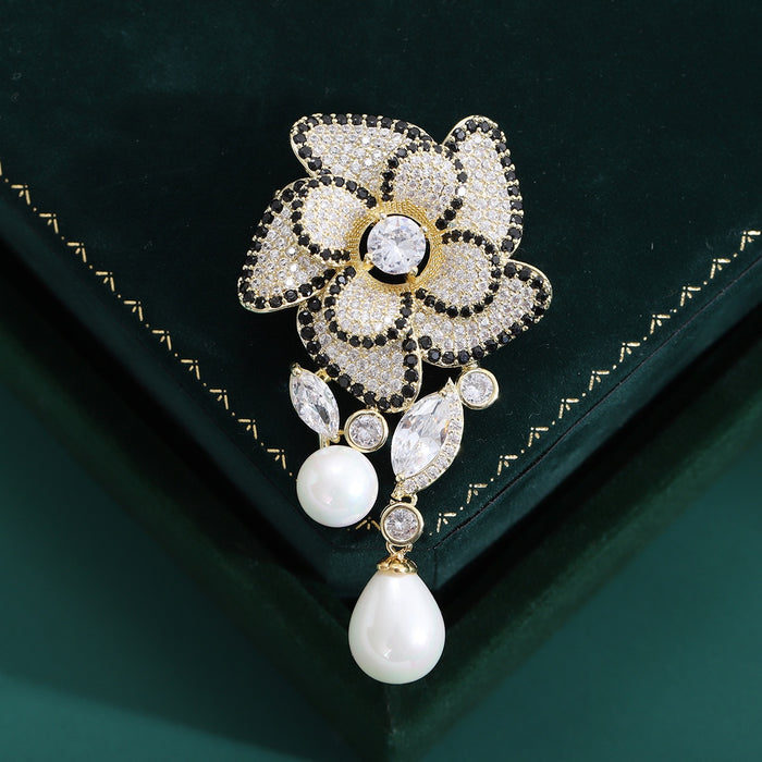 Gold Plated Alloy Zircon Camellia Brooch With Pearl Tassel