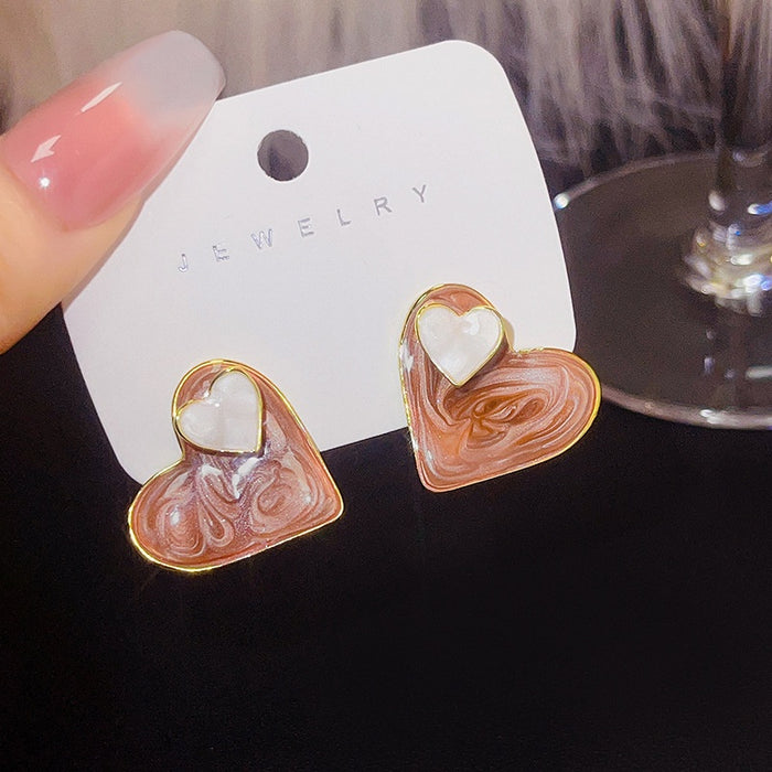 Vintage Hong Kong Style Marbled Enamel Double Heart Alloy Silver Needle Sweet French Luxury Stud Earrings