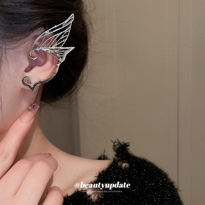 Butterfly Fairy Metal Stud Earrings With Ear Cuff, Minimalist Cool Style Women's Jewelry