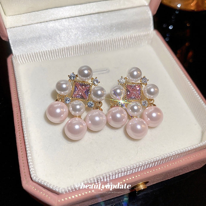 Vintage Palace Style Alloy Drop Earrings With Gold Plated Silver Pins Square Zircon Pearl Tassels