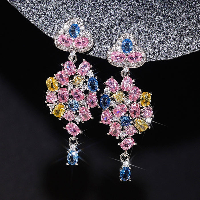 Colorful Zircon Flower Earrings, 3D Camellia Dangle Jewelry For Women European Style