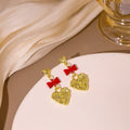 Vintage Embossed Heart Pendant Alloy Earrings With Enamel Bowknot For Women Fashion Drop Earrings view 4