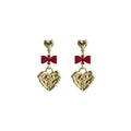 Vintage Embossed Heart Pendant Alloy Earrings With Enamel Bowknot For Women Fashion Drop Earrings view 5