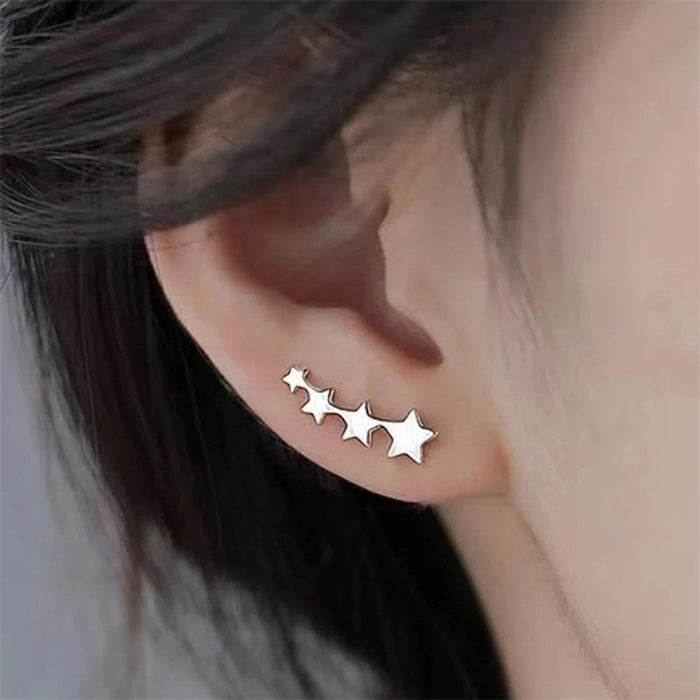 Retro Japanese Korean Metal Geometric Earrings, Creative Single Row Five Point Star Stud Earrings