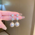 French Light Luxury Pearl Flower Hoop Earrings With Silver Pin And Rhinestone Circle Design view 2