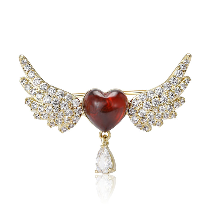 Copper Zircon Heart Wing Brooch For Women's Fashion Apparel