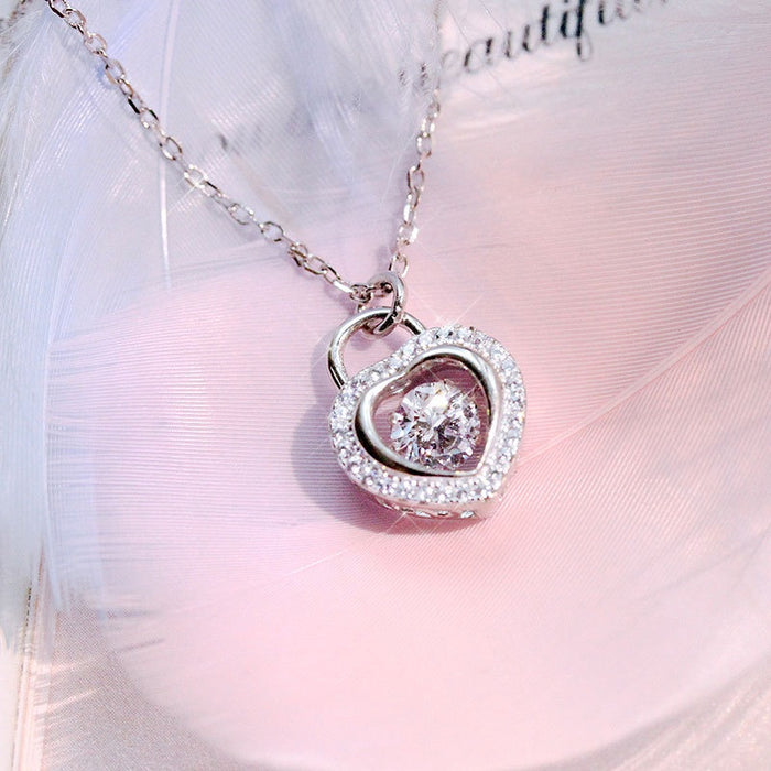 Korean Style Zircon Pendant Necklace For Women, Trendy Dancing Heart Collarbone Chain Jewelry