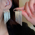 Copper Arc Long Chain Tassel Drop Earrings With Silver Needle Posts, European American Metallic Style view 2