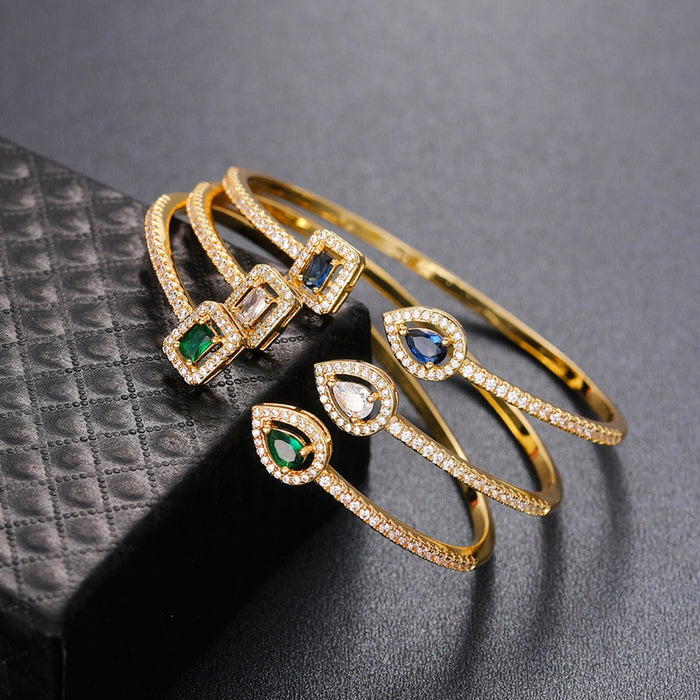 Open Brass Bangle Bracelet With Zircon Stones, Korean Simple Banquet Hand Jewelry Gift