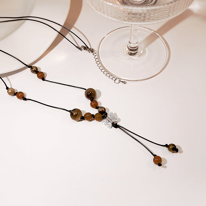 Korean Retro Ethnic Butterfly Pendant Necklace, New Chinese Handmade Beaded Long Fashion Jewelry