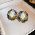 Vintage French Alloy Oval Portrait Rhinestone Geometric Stud Earrings With Silver Pins view 4