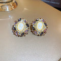 Vintage French Alloy Oval Portrait Rhinestone Geometric Stud Earrings With Silver Pins view 2