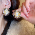 Vintage French Alloy Oval Portrait Rhinestone Geometric Stud Earrings With Silver Pins view 1