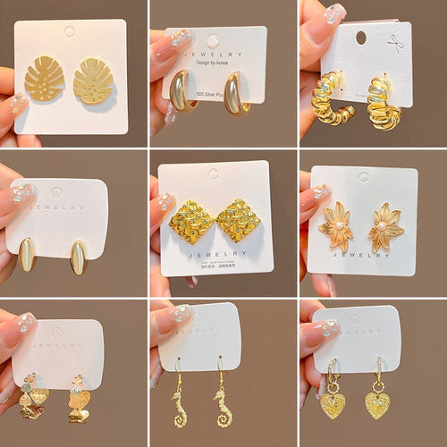 Statement Metal Pleated Geometric Earrings Vintage French Flower Heart Stud Earrings