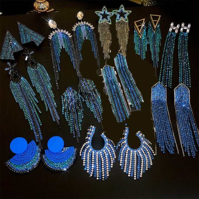 Rhinestone Letter Geometric Long Tassel Drop Earrings With Silver Pins, European Statement Metal Earrings