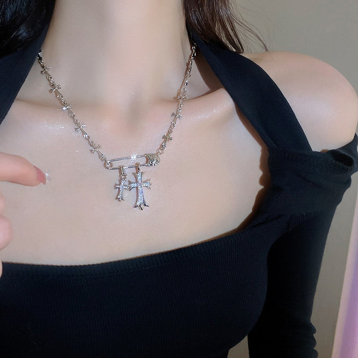 Korean Style Metal Zircon Cross Pin Necklace Minimalist Collarbone Chain For Women
