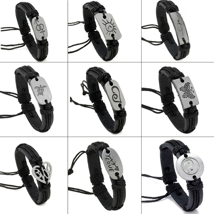 Black Leather Handmade Braided Bracelet For Men With Assorted Pattern Charms Fashion Jewelry