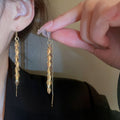 Gold Plated Metal Leaf Tassel Drop Earrings, Korean Style Long Ear Thread Jewelry view 1