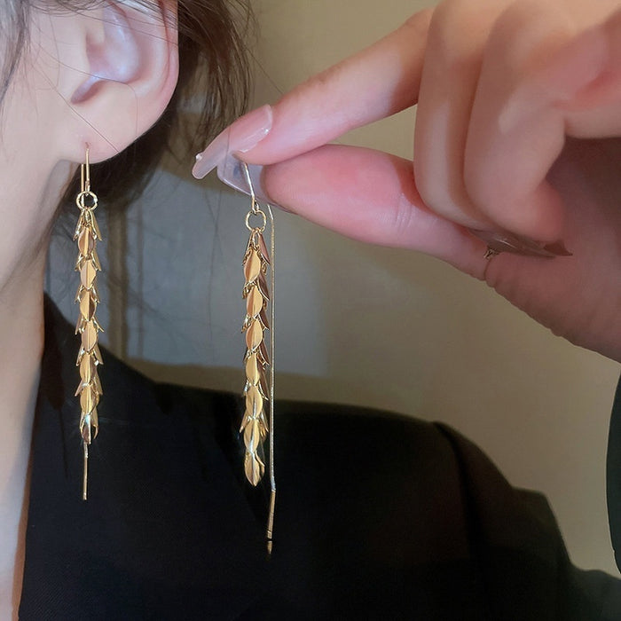 Gold Plated Metal Leaf Tassel Drop Earrings, Korean Style Long Ear Thread Jewelry