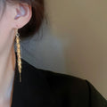Gold Plated Metal Leaf Tassel Drop Earrings, Korean Style Long Ear Thread Jewelry view 3