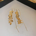 Gold Plated Metal Leaf Tassel Drop Earrings, Korean Style Long Ear Thread Jewelry view 2