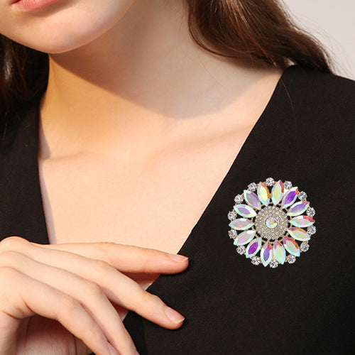 Alloy AB Glass Rhinestone Round Brooch Pin For Coat Accessories