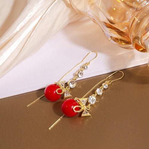 Vintage Gold Alloy Rhinestone Bow Red Bead Threader Dangle Elegant Sweet Chinese Style Earrings