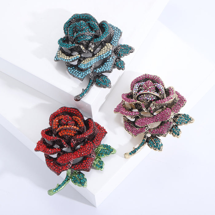 Alloy Rhinestone Rose Brooch Pin For Luxury Blazer Accessories