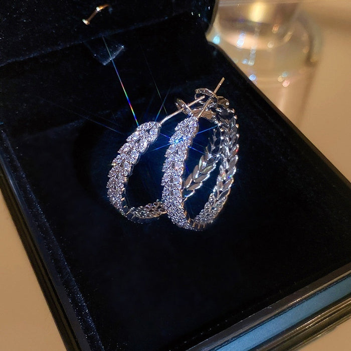 Copper Zircon Leaf Geometric Hoop Earrings With Silver Posts For Women Daily Chic Style