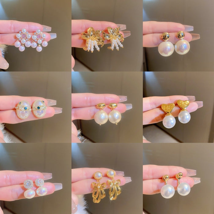 Gold Plated Alloy Silver Needle Zircon Pearl Heart Flower Tassel Drop Earrings French OL Style