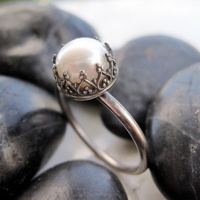 Baroque Antique Silver Plated Faux Pearl Ring, Simple European White Pearl Index Finger Ring For Women
