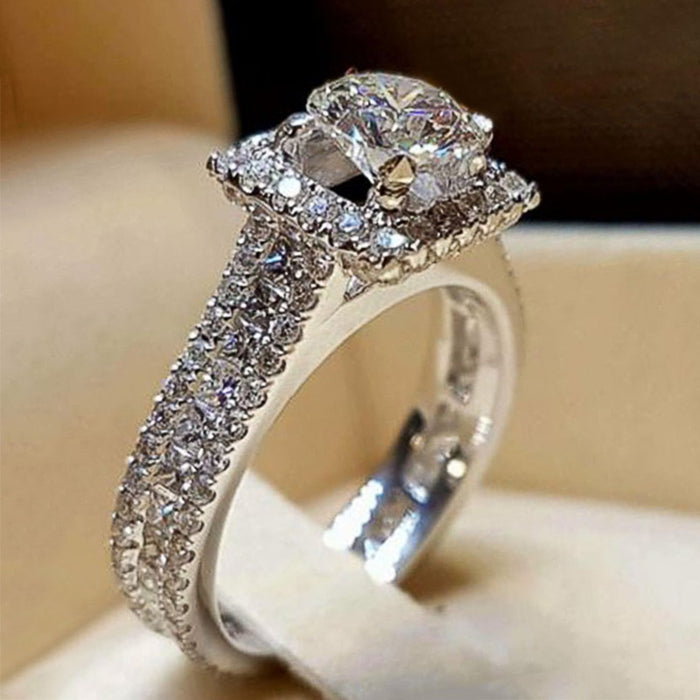 European American Fashion Square Round Zircon Engagement Ring For Women, Elegant Finger Jewelry